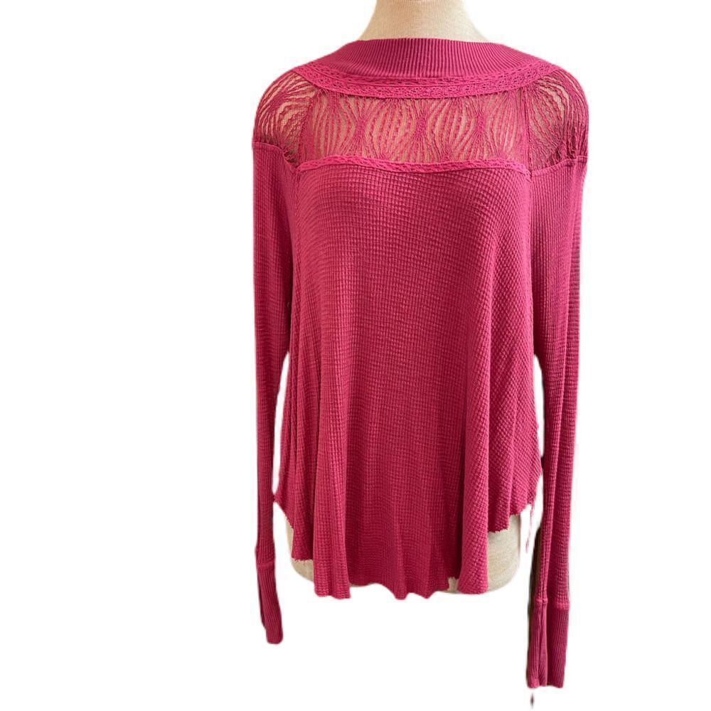 Free People Womens M Spring Valley Thermal Tunic Top Waffle Knit Lace Trim Red